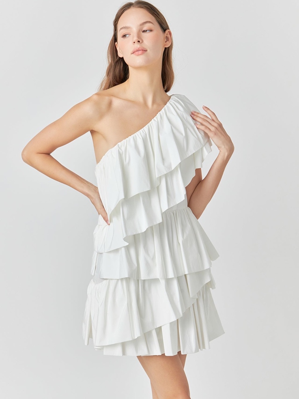 One-Shoulder White Ruffle Tiered Mini Dress